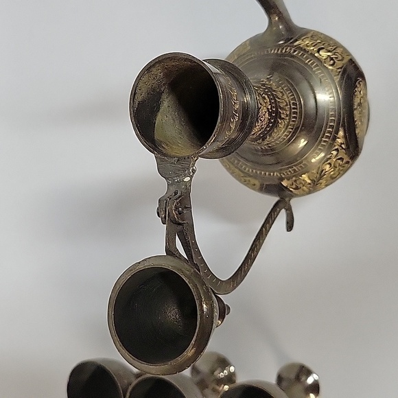 Vintage Brass Pewter Middle Eastern Etched Engraved Pot Plus (6) Goblets - Picture 9 of 10